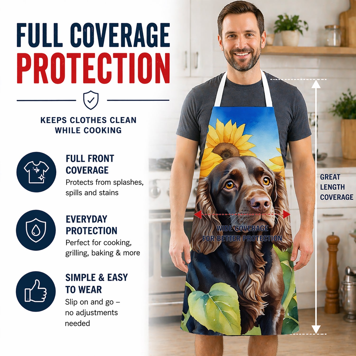 Boykin Spaniel in Sunflowers Apron Cooking Kitchen Server Baking Crafts Gardening for Adult Women Men, Unisex, Large, Multicolor