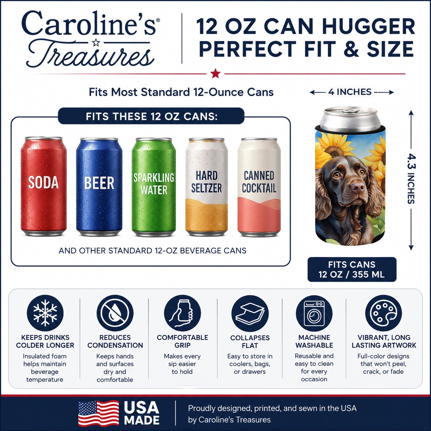 Boykin Spaniel in Sunflowers Can or Bottle Hugger Cooler Sleeve for Standard 12 oz Cans, Insulated Foam Beer & Soda Can Hugger Reusable