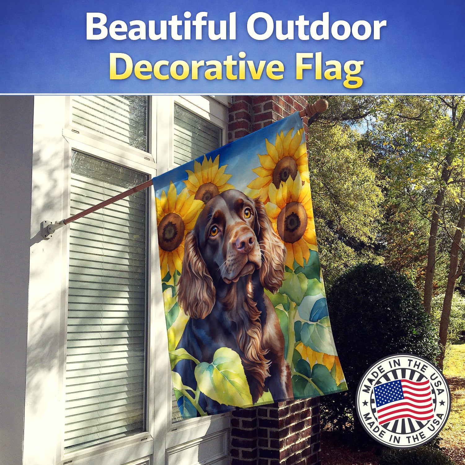 Boykin Spaniel in Sunflowers House Flag 28x40 Porch Sleeve Pole Decorative Outside Yard Banner Artwork Wall Hanging, Polyester
