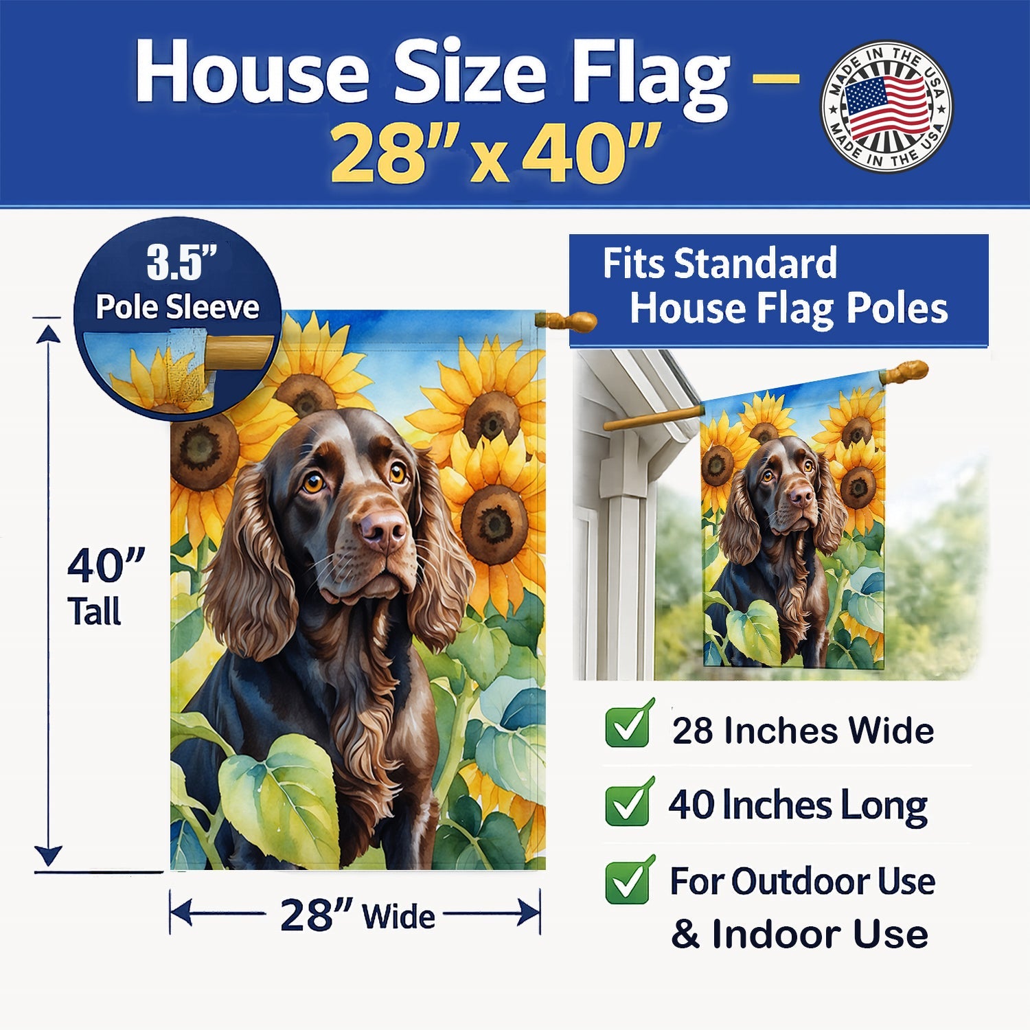 Boykin Spaniel in Sunflowers House Flag 28x40 Porch Sleeve Pole Decorative Outside Yard Banner Artwork Wall Hanging, Polyester
