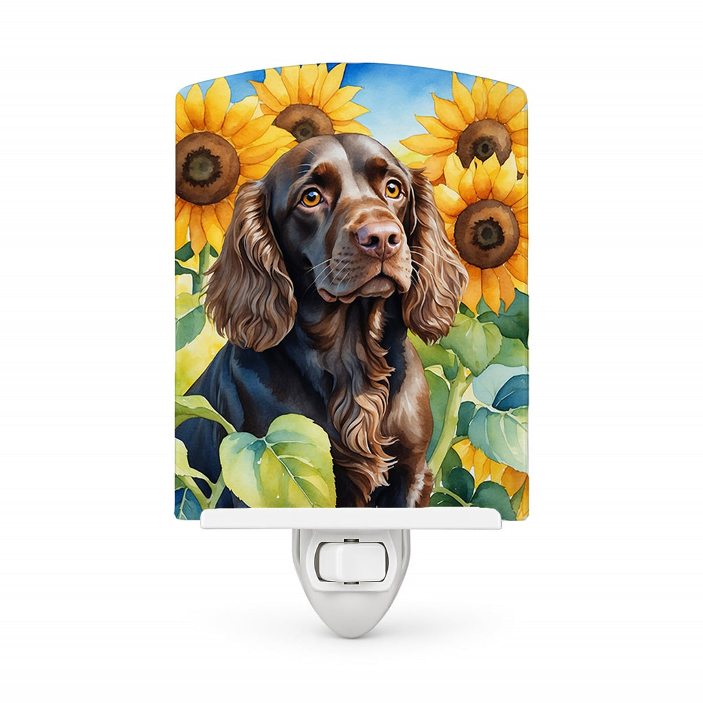 Boykin Spaniel in Sunflowers Ceramic Night Light Compact, UL-Certified, Ideal for Bedroom, Bathroom, Nursery, Hallway, Kitchen, 6x4x3, Multicolor