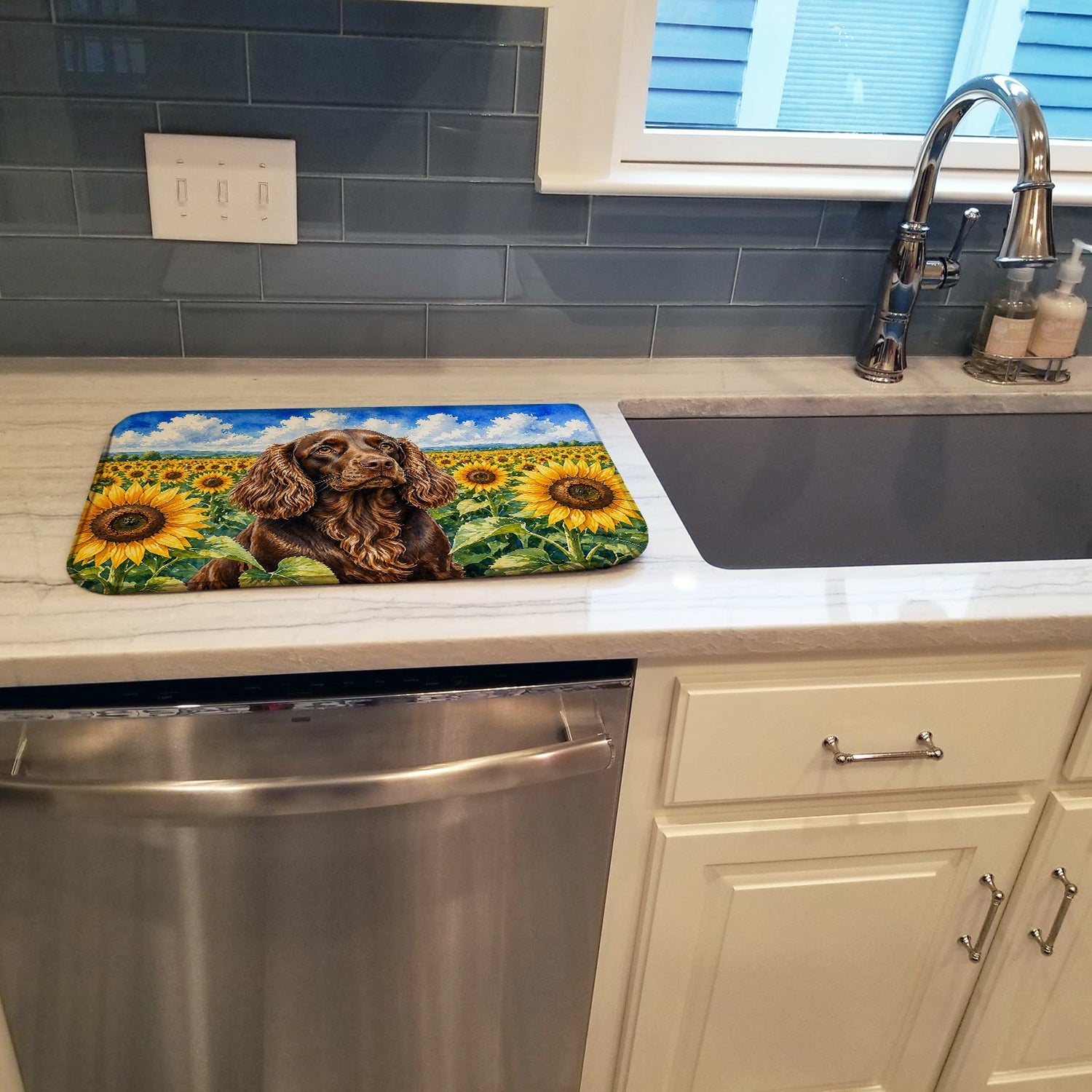 Boykin Spaniel in Sunflowers Dish Drying Mat Absorbent Dish Drying Mat Pad for Kitchen Counter Dish Drainer Mat for Countertop, 14 x 21", Multicolor