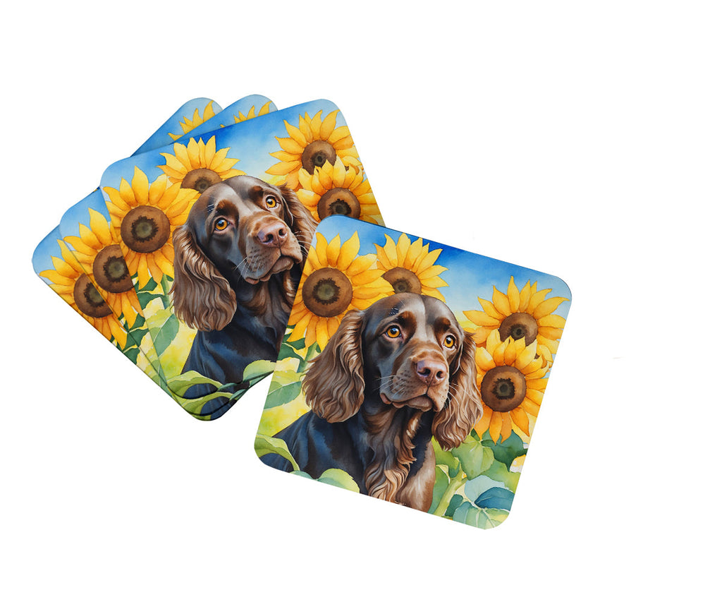 Boykin Spaniel in Sunflowers Foam Coasters Set of 4 Cup Coasters for Indoor Outdoor, Tabletop Protection, Anti Slip, Mouse pad Material