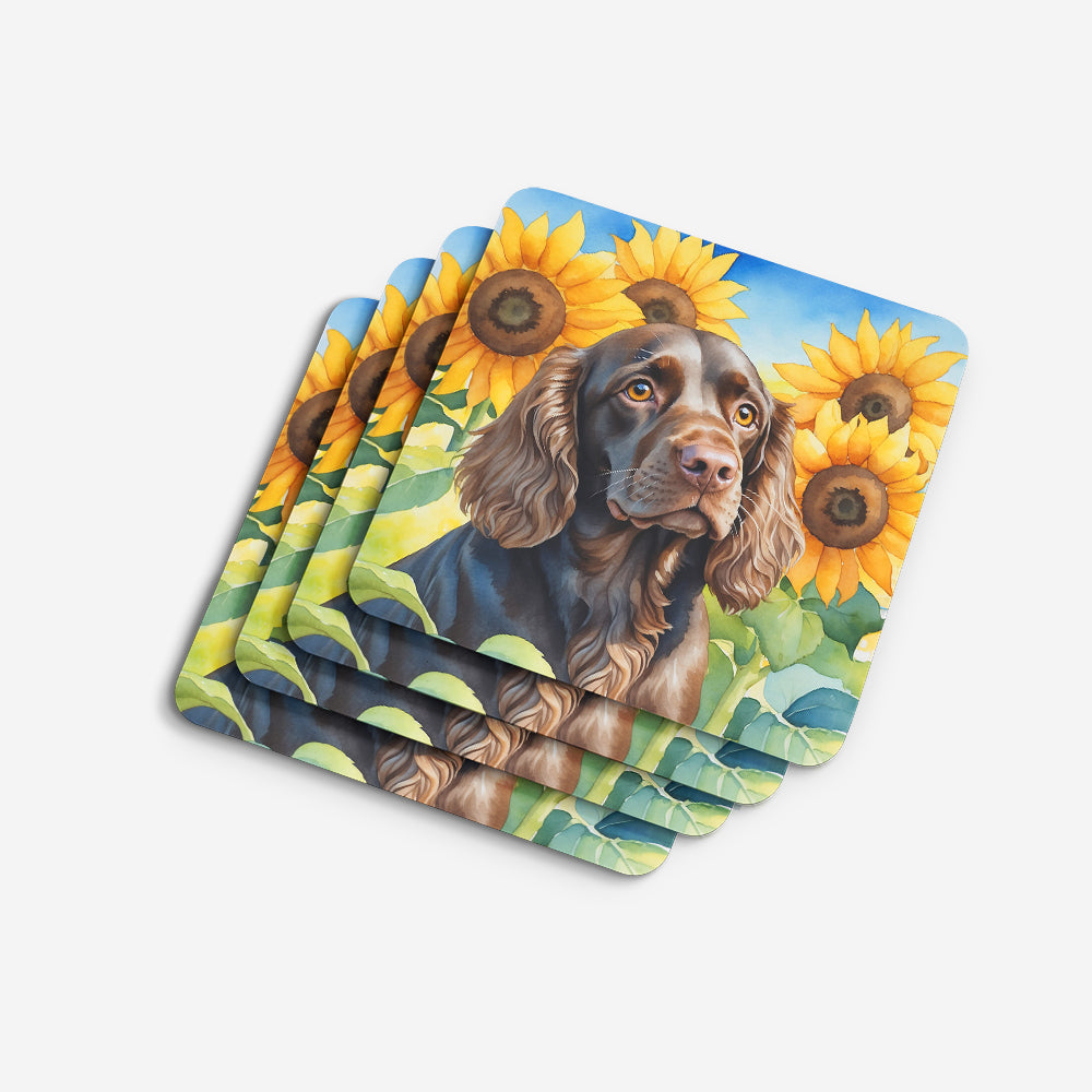 Boykin Spaniel in Sunflowers Foam Coasters Set of 4 Cup Coasters for Indoor Outdoor, Tabletop Protection, Anti Slip, Mouse pad Material