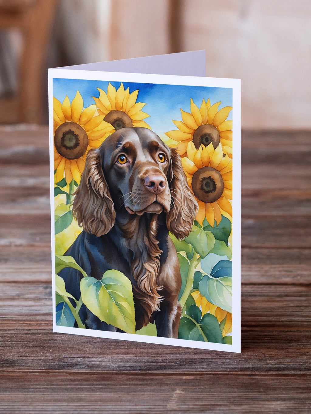 Boykin Spaniel in Sunflowers Greeting Cards Pack of 8 Blank Cards with Envelopes Whimsical A7 Size 5x7