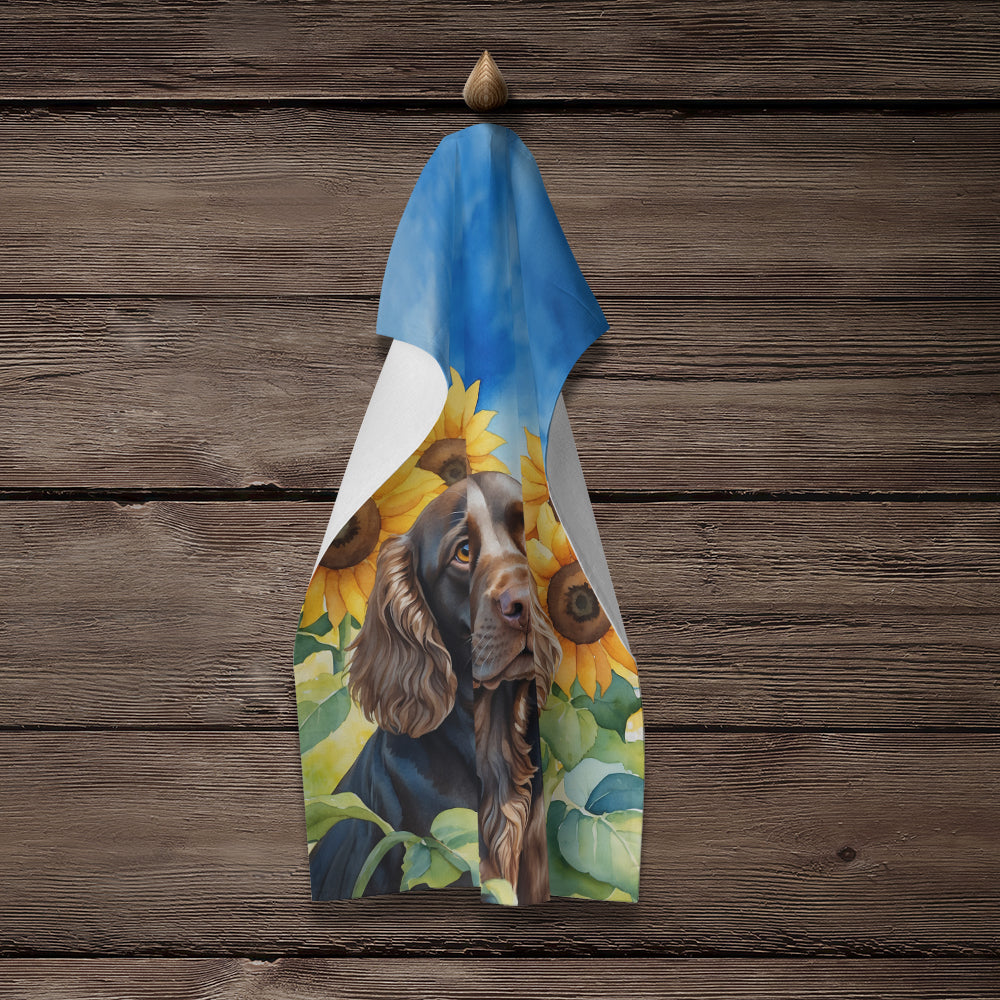 Boykin Spaniel in Sunflowers Kitchen Towel Velour Plush Front and Cotton Loop Back Machine Washable