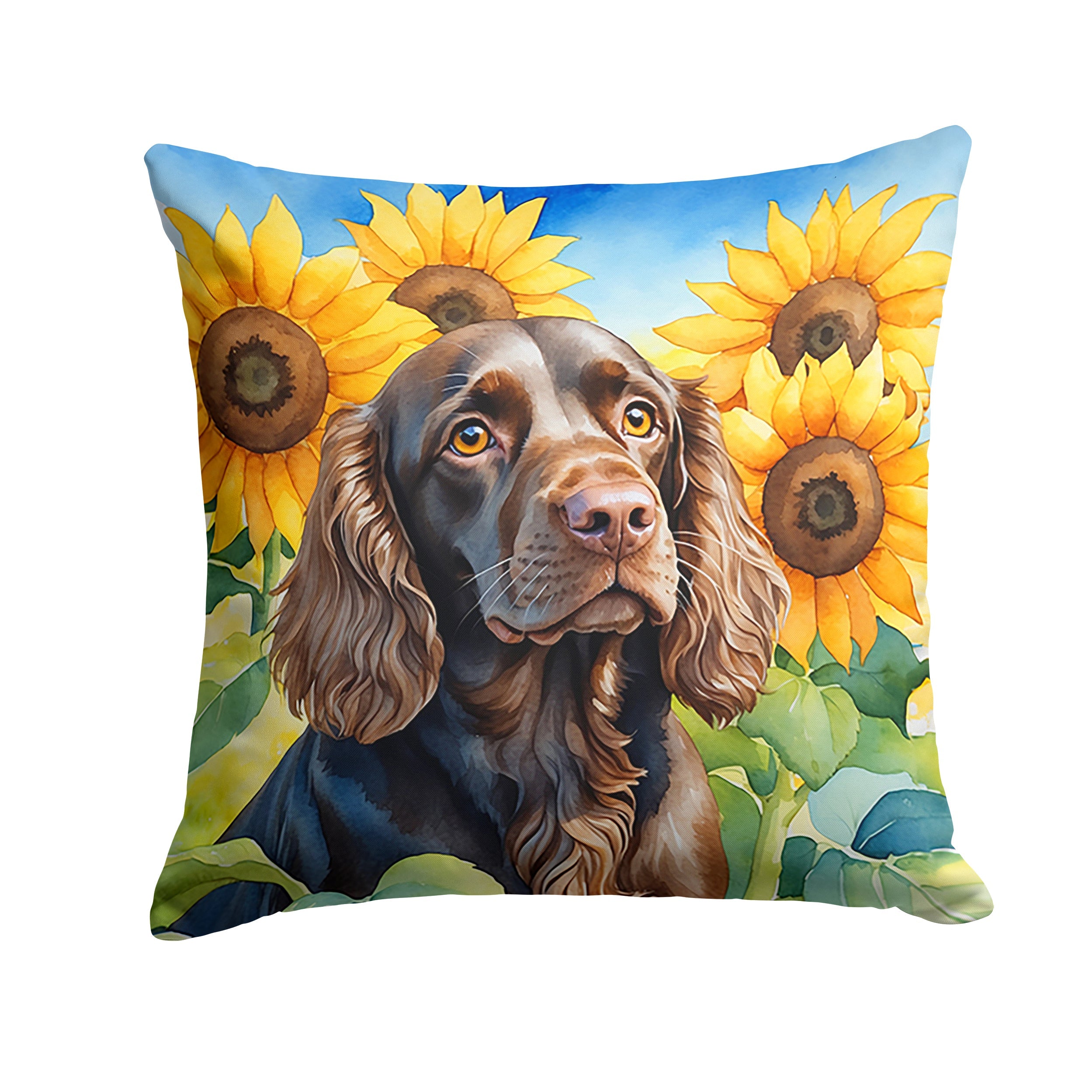 Boykin Spaniel in Sunflowers Decorative Throw Pillow 14x14 Indoor Outdoor Accent Cushion, Fabric Cover with Insert for Sofa, Bed, Porch & Living Room