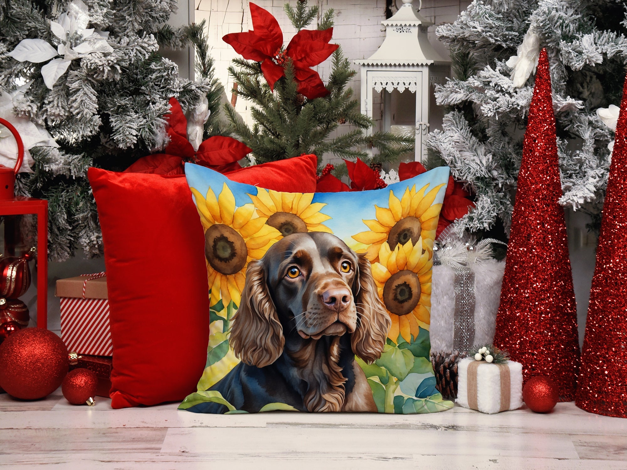 Boykin Spaniel in Sunflowers Decorative Throw Pillow 14x14 Indoor Outdoor Accent Cushion, Fabric Cover with Insert for Sofa, Bed, Porch & Living Room