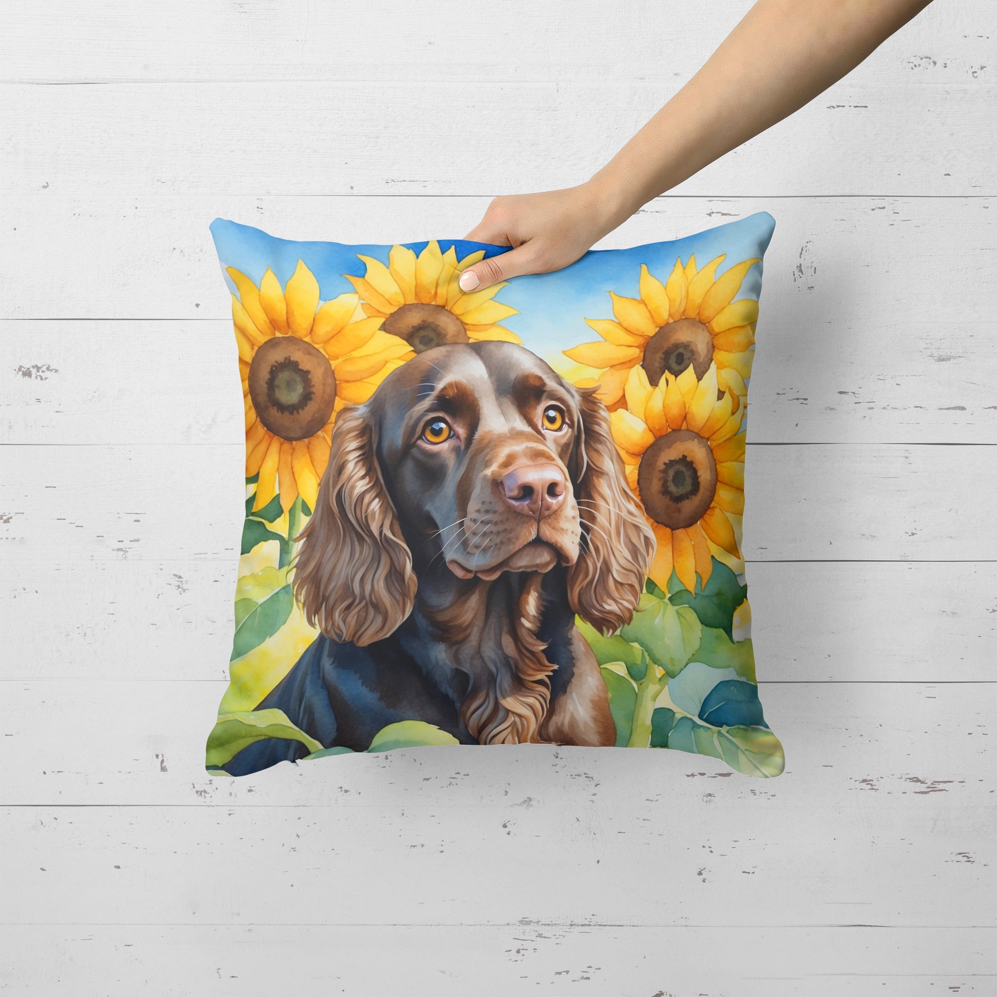 Boykin Spaniel in Sunflowers Decorative Throw Pillow 18x18 Indoor Outdoor Accent Cushion, Fabric Cover with Insert for Sofa, Bed, Porch & Living Room