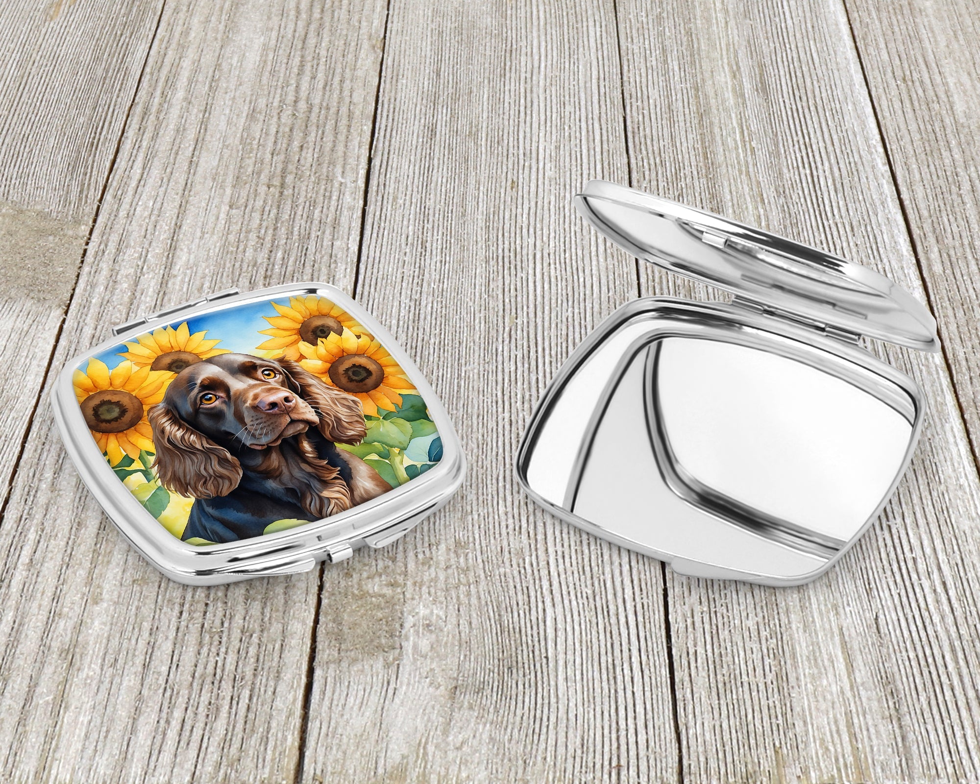 Boykin Spaniel in Sunflowers Compact Mirror Decorative Travel Makeup Mirror for Women Girls Gifts Pocket Makeup Mirror Folding Handheld