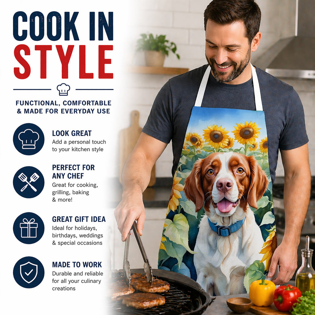 Brittany Spaniel in Sunflowers Apron Cooking Kitchen Server Baking Crafts Gardening for Adult Women Men, Unisex, Large, Multicolor