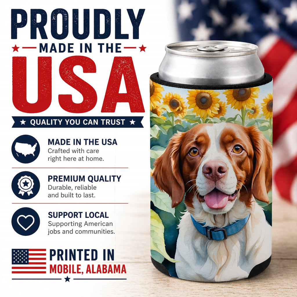 Brittany Spaniel in Sunflowers Can or Bottle Hugger Cooler Sleeve for Standard 12 oz Cans, Insulated Foam Beer & Soda Can Hugger Reusable