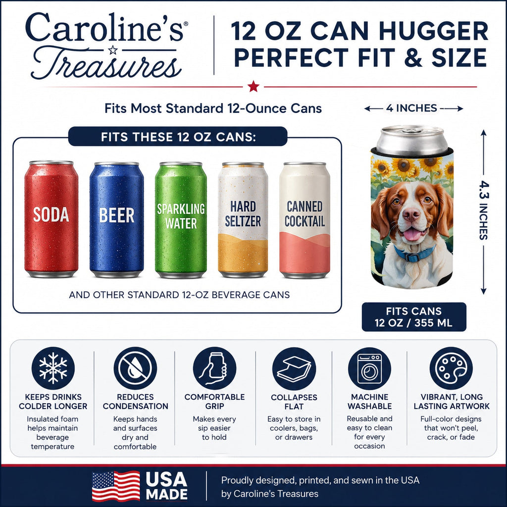 Brittany Spaniel in Sunflowers Can or Bottle Hugger Cooler Sleeve for Standard 12 oz Cans, Insulated Foam Beer & Soda Can Hugger Reusable