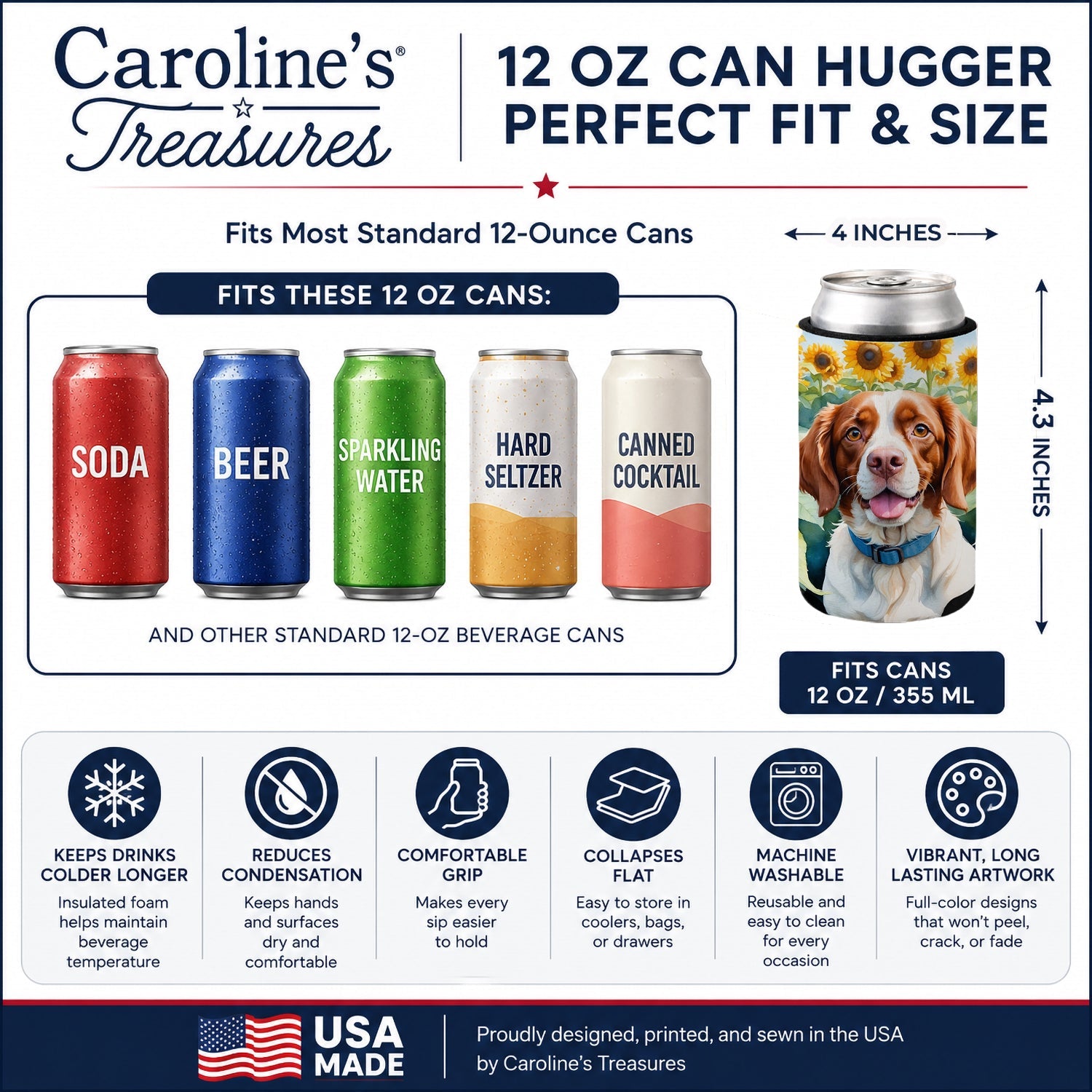 Brittany Spaniel in Sunflowers Can or Bottle Hugger Cooler Sleeve for Standard 12 oz Cans, Insulated Foam Beer & Soda Can Hugger Reusable