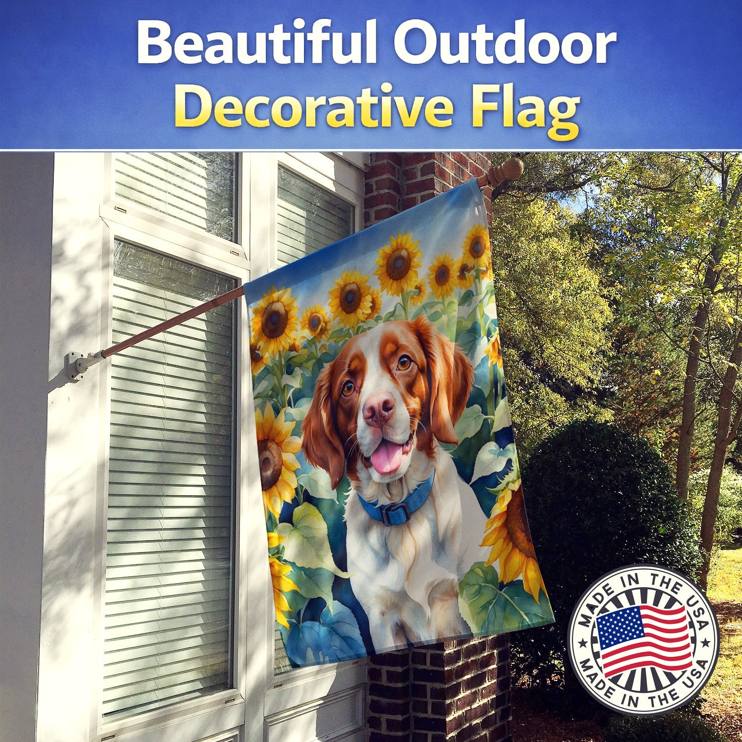 Brittany Spaniel in Sunflowers House Flag 28x40 Porch Sleeve Pole Decorative Outside Yard Banner Artwork Wall Hanging, Polyester