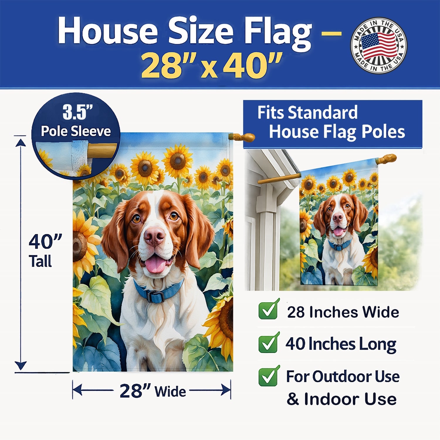 Brittany Spaniel in Sunflowers House Flag 28x40 Porch Sleeve Pole Decorative Outside Yard Banner Artwork Wall Hanging, Polyester