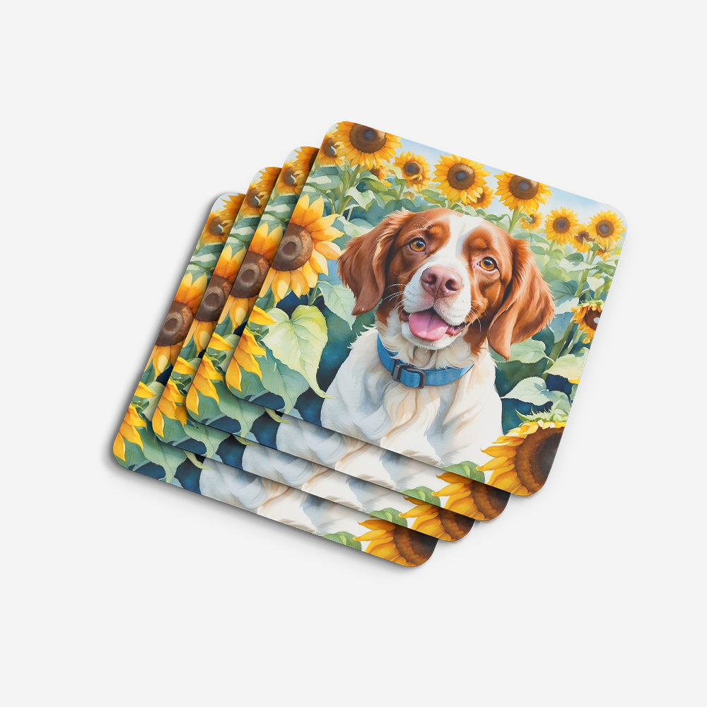 Brittany Spaniel in Sunflowers Foam Coasters Set of 4 Cup Coasters for Indoor Outdoor, Tabletop Protection, Anti Slip, Mouse pad Material