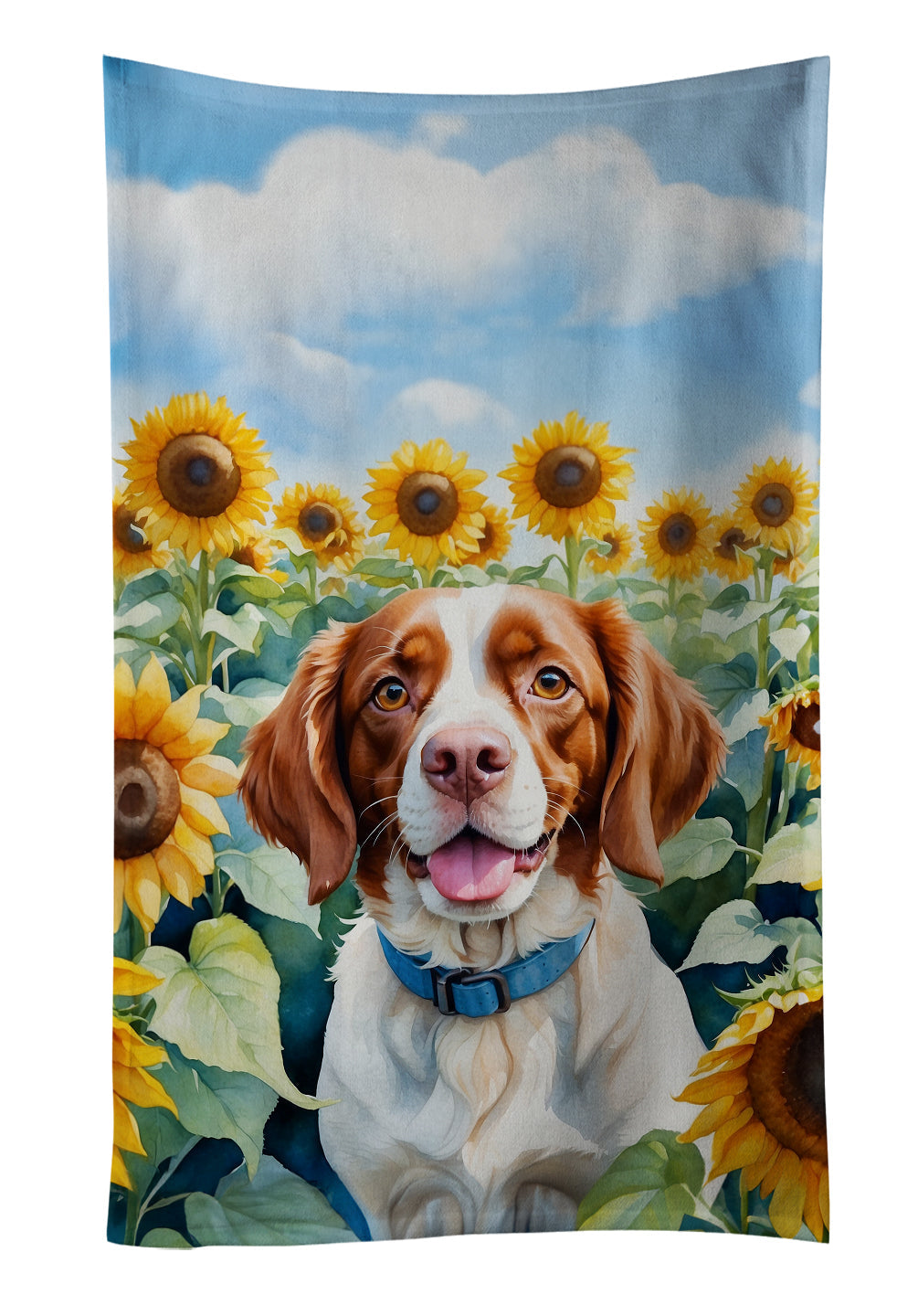 Brittany Spaniel in Sunflowers Kitchen Towel Velour Plush Front and Cotton Loop Back Machine Washable