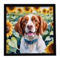 Brittany Spaniel in Sunflowers Framed Metal Print Bathroom, Kitchen, Office, Home Decor Wall Art Ready to Hang, Square, 8X8