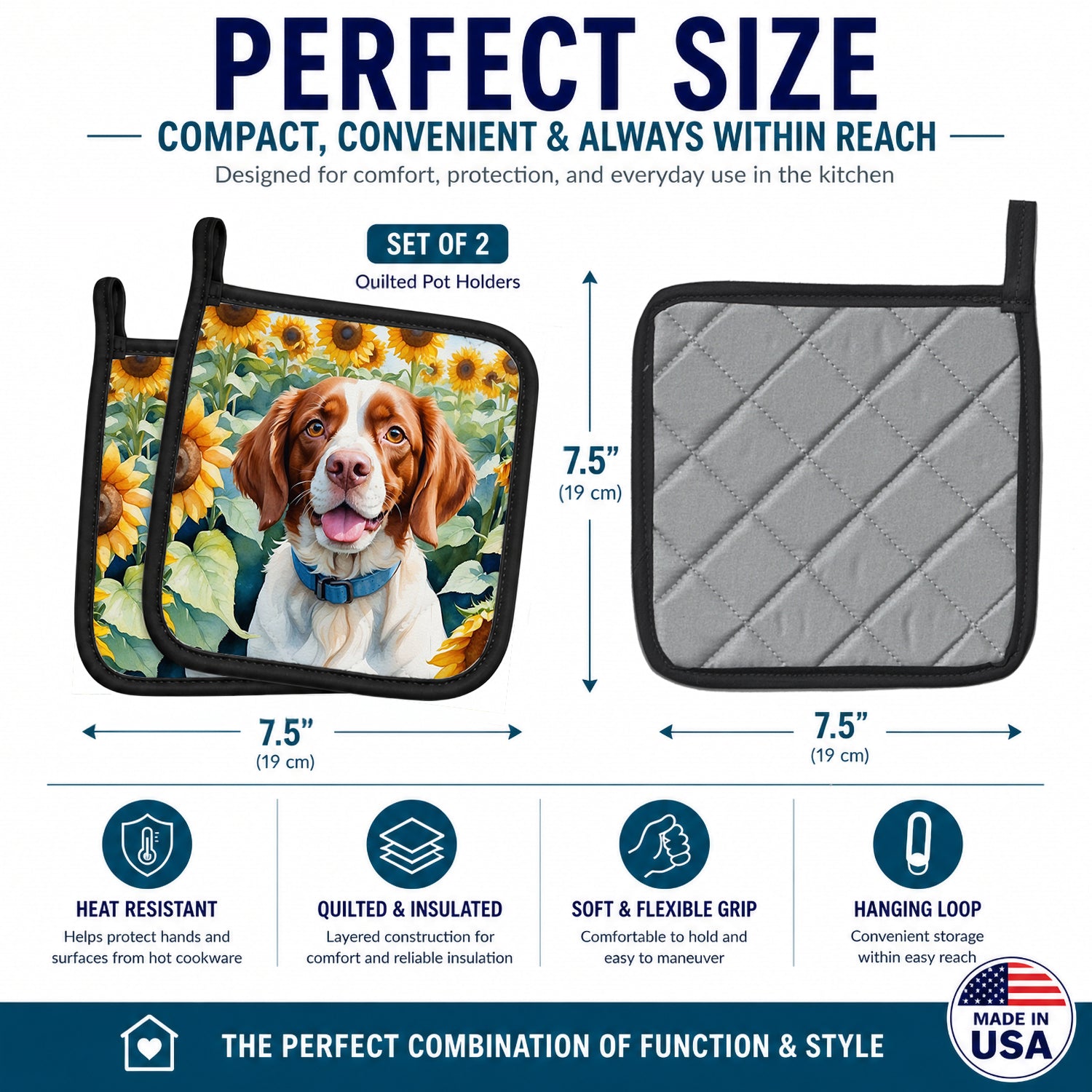 Brittany Spaniel in Sunflowers Pot Holder Set of 2 Heat Resistant Quilted Hot Pads 7.5 x 7.5 Inch, Insulated Kitchen Trivets for Cooking & Baking