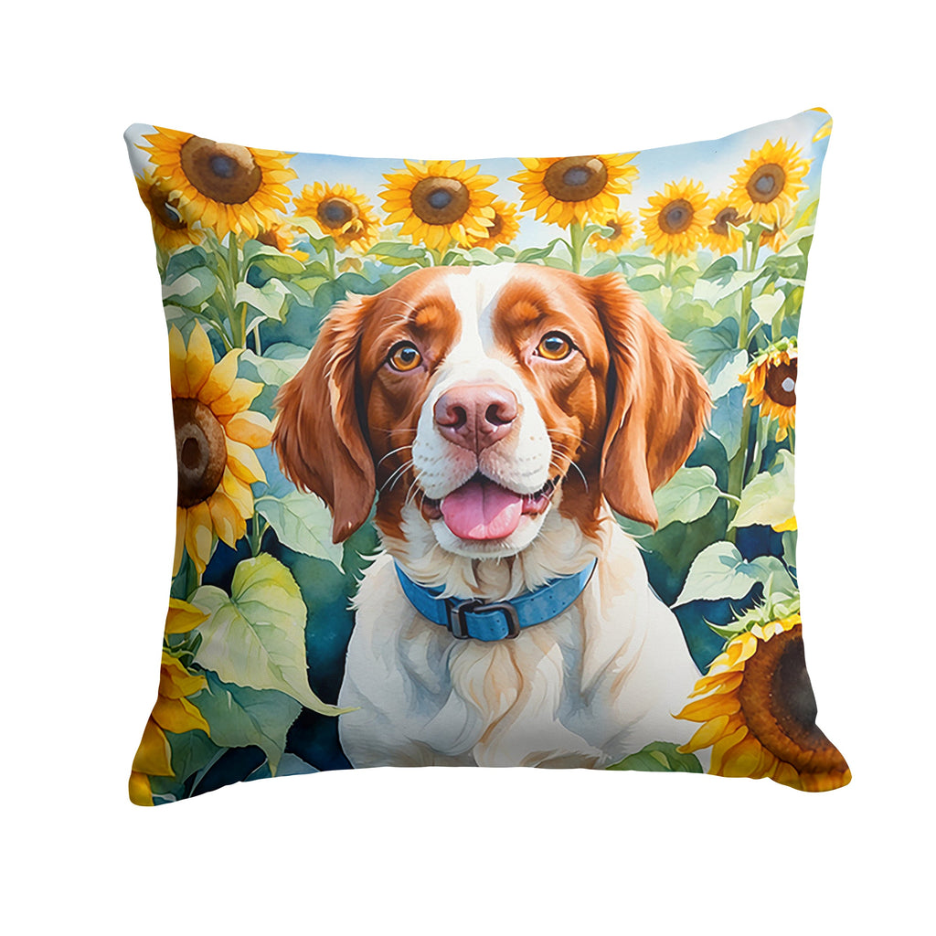 Brittany Spaniel in Sunflowers Decorative Throw Pillow 14x14 Indoor Outdoor Accent Cushion, Fabric Cover with Insert for Sofa, Bed, Porch & Living Room