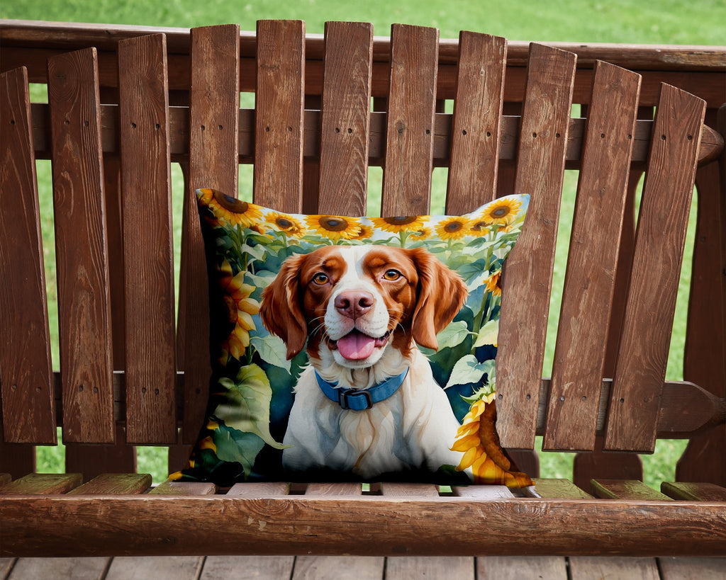 Brittany Spaniel in Sunflowers Decorative Throw Pillow 14x14 Indoor Outdoor Accent Cushion, Fabric Cover with Insert for Sofa, Bed, Porch & Living Room