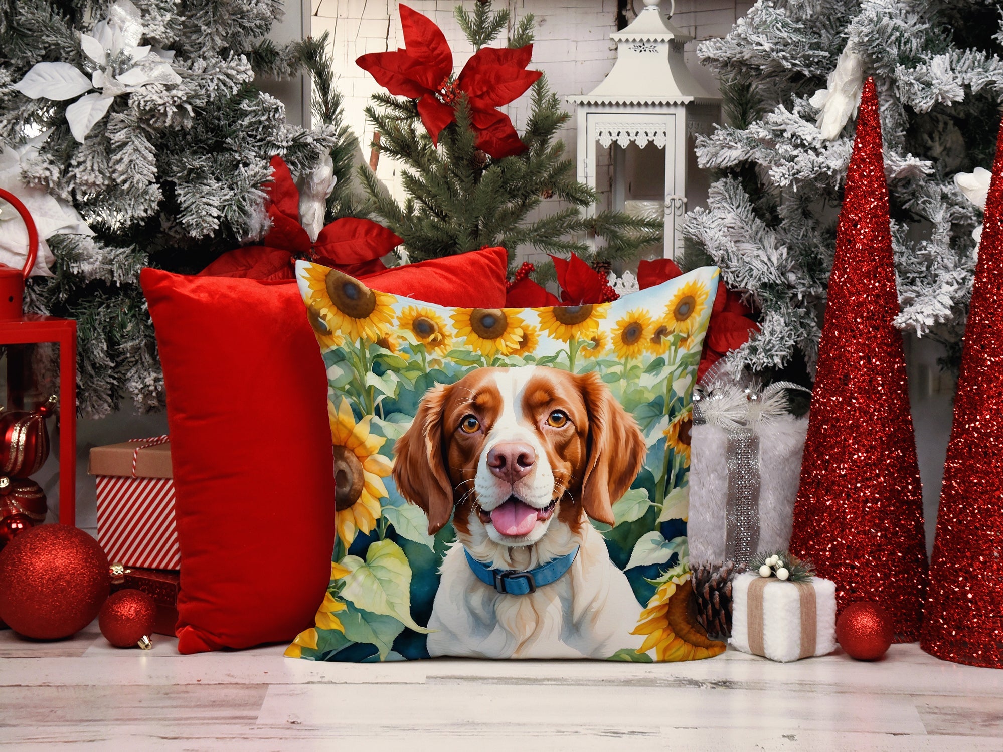 Brittany Spaniel in Sunflowers Decorative Throw Pillow 14x14 Indoor Outdoor Accent Cushion, Fabric Cover with Insert for Sofa, Bed, Porch & Living Room