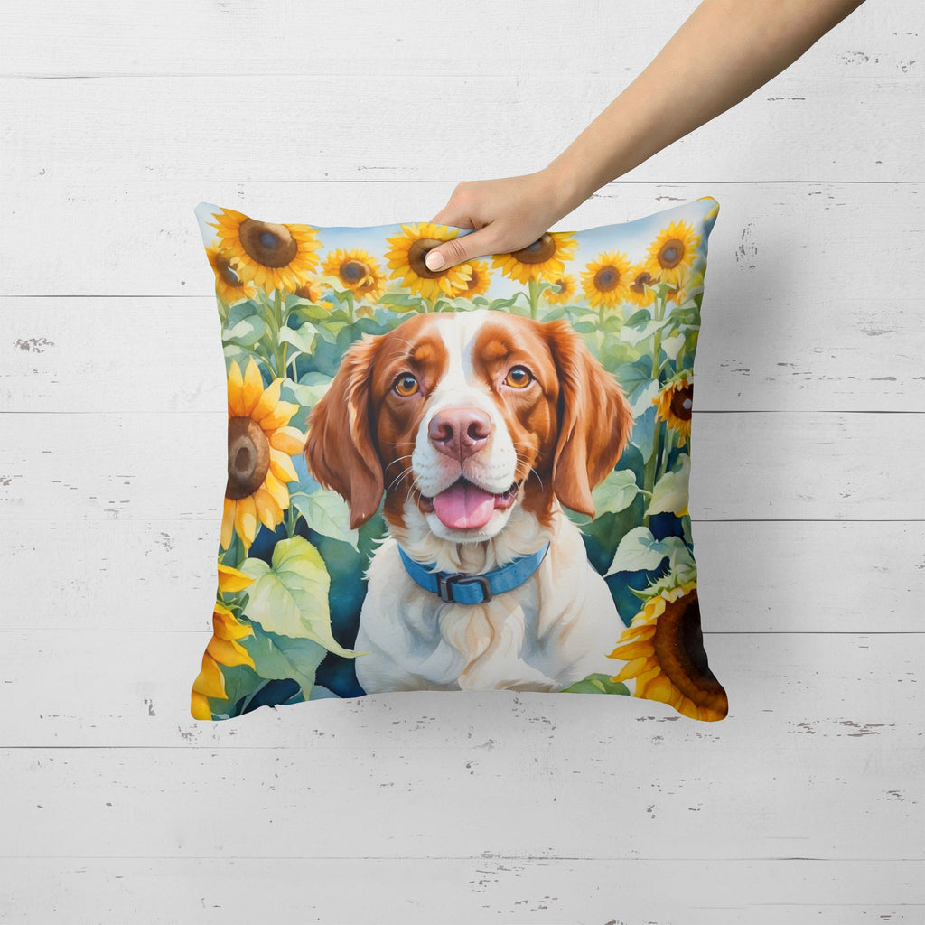 Brittany Spaniel in Sunflowers Decorative Throw Pillow 18x18 Indoor Outdoor Accent Cushion, Fabric Cover with Insert for Sofa, Bed, Porch & Living Room