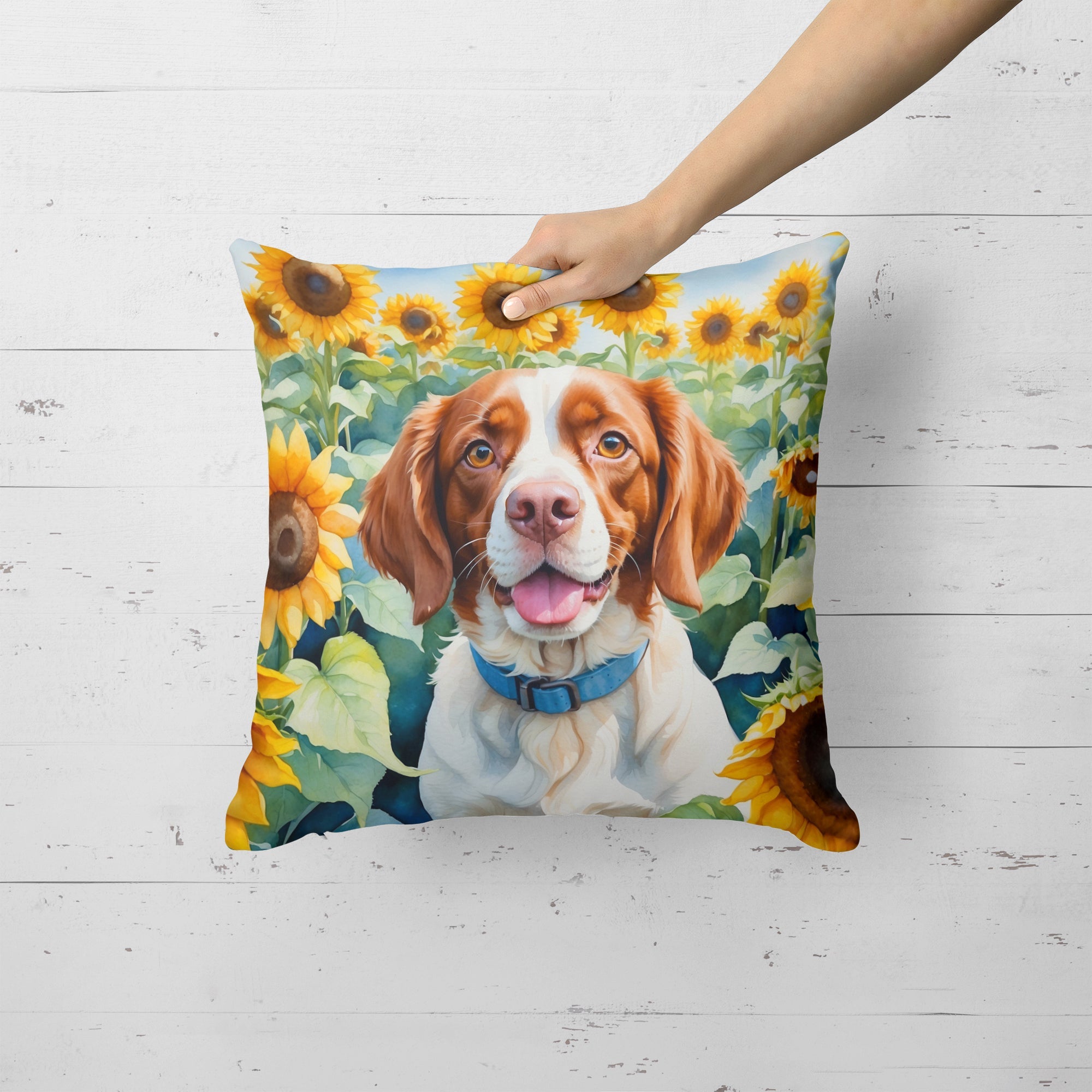 Brittany Spaniel in Sunflowers Decorative Throw Pillow 18x18 Indoor Outdoor Accent Cushion, Fabric Cover with Insert for Sofa, Bed, Porch & Living Room