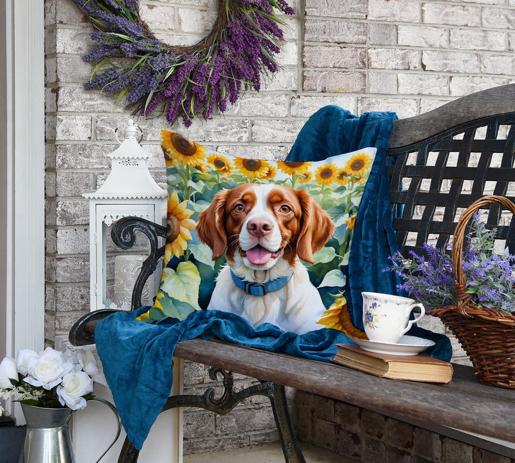 Brittany Spaniel in Sunflowers Decorative Throw Pillow 18x18 Indoor Outdoor Accent Cushion, Fabric Cover with Insert for Sofa, Bed, Porch & Living Room