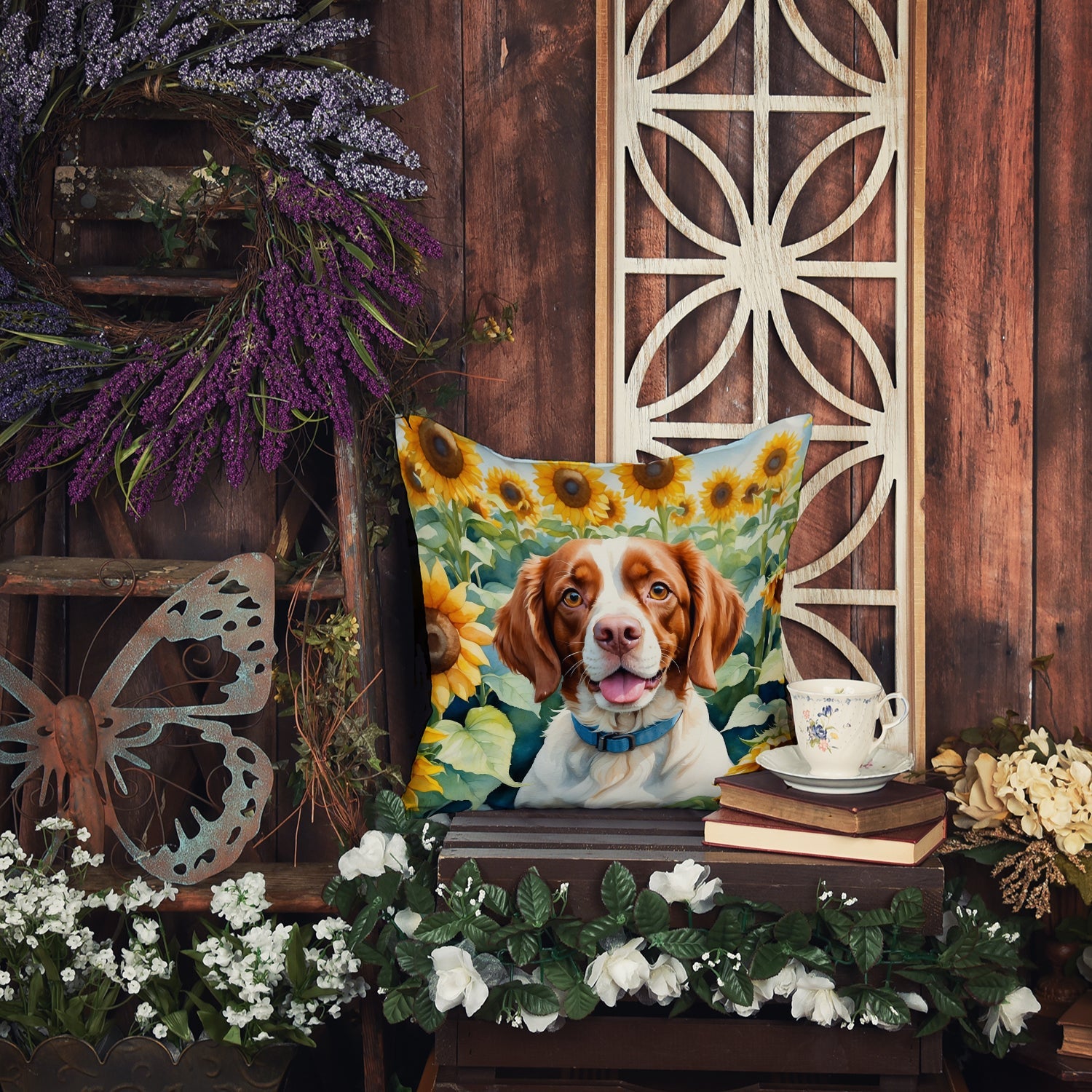 Brittany Spaniel in Sunflowers Decorative Throw Pillow 18x18 Indoor Outdoor Accent Cushion, Fabric Cover with Insert for Sofa, Bed, Porch & Living Room