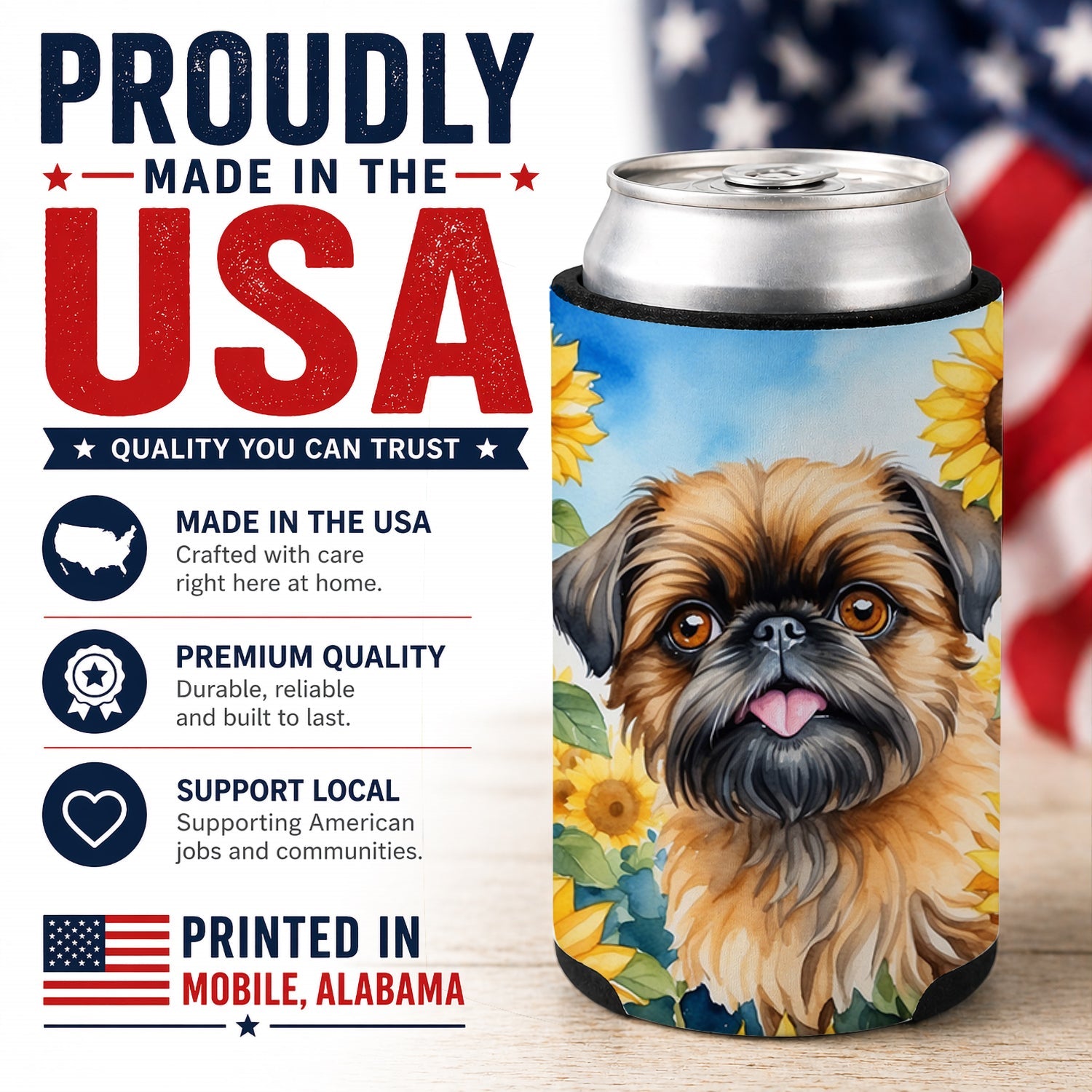 Brussels Griffon in Sunflowers Can or Bottle Hugger Cooler Sleeve for Standard 12 oz Cans, Insulated Foam Beer & Soda Can Hugger Reusable
