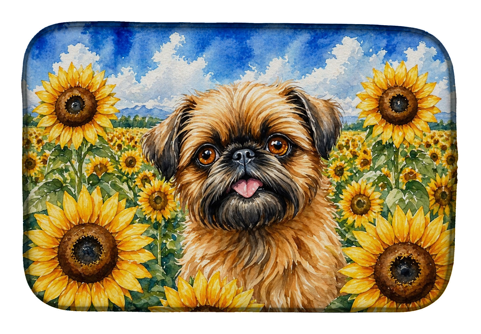 Brussels Griffon in Sunflowers Dish Drying Mat Absorbent Dish Drying Mat Pad for Kitchen Counter Dish Drainer Mat for Countertop, 14 x 21", Multicolor