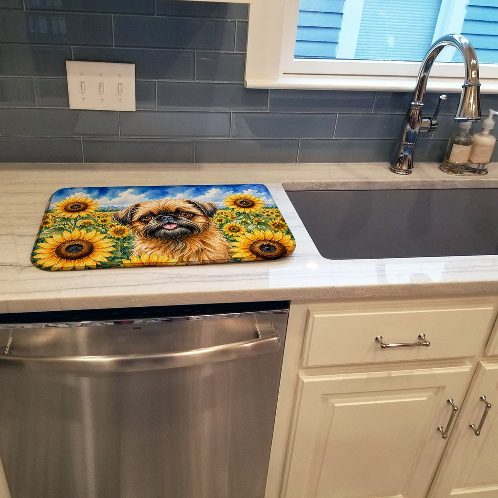 Brussels Griffon in Sunflowers Dish Drying Mat Absorbent Dish Drying Mat Pad for Kitchen Counter Dish Drainer Mat for Countertop, 14 x 21", Multicolor