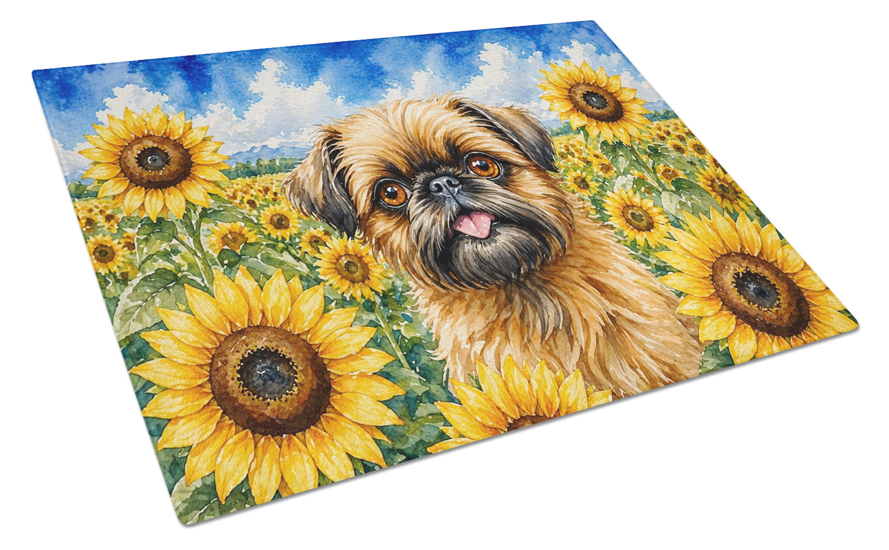 Brussels Griffon in Sunflowers Cutting Board Tempered Glass Kitchen Cutting Surface, Heat Resistant Chopping Board with Non-Slip Feet, Decorative Food Prep & Serving