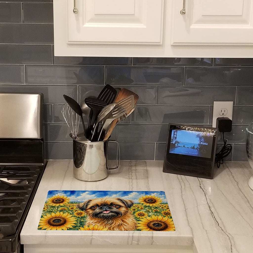 Brussels Griffon in Sunflowers Cutting Board Tempered Glass Kitchen Cutting Surface, Heat Resistant Chopping Board with Non-Slip Feet, Decorative Food Prep & Serving