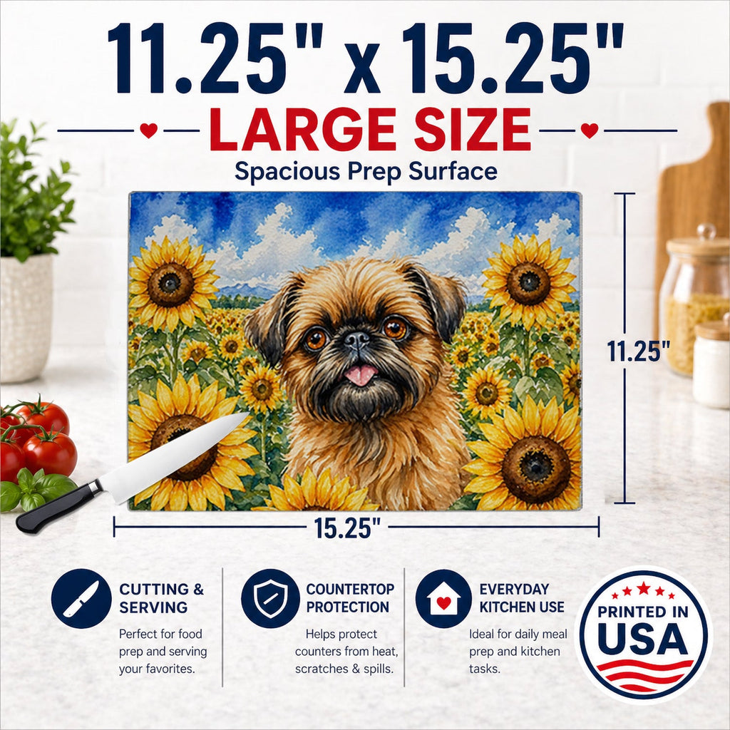 Brussels Griffon in Sunflowers Cutting Board Tempered Glass Kitchen Cutting Surface, Heat Resistant Chopping Board with Non-Slip Feet, Decorative Food Prep & Serving