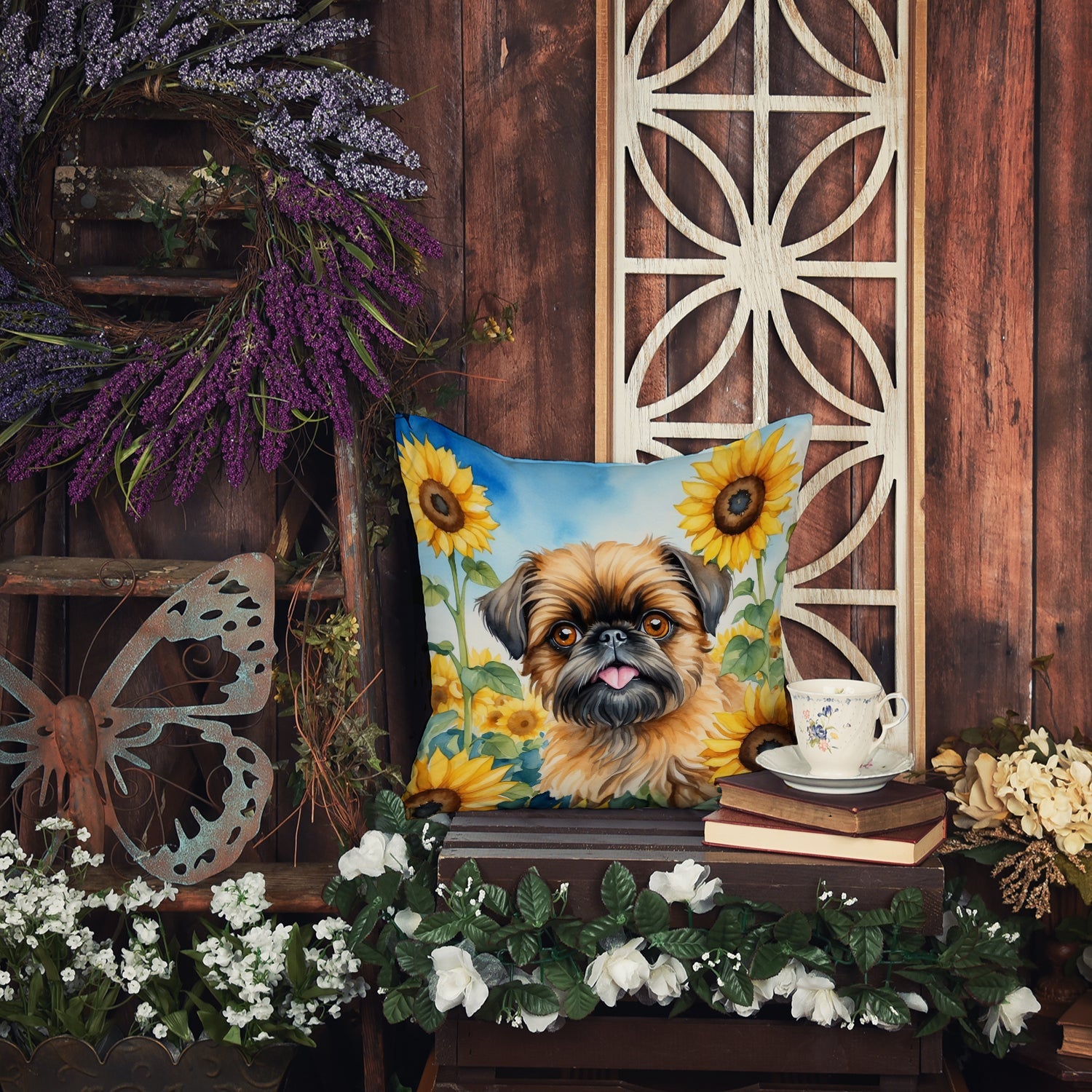 Brussels Griffon in Sunflowers Decorative Throw Pillow 14x14 Indoor Outdoor Accent Cushion, Fabric Cover with Insert for Sofa, Bed, Porch & Living Room