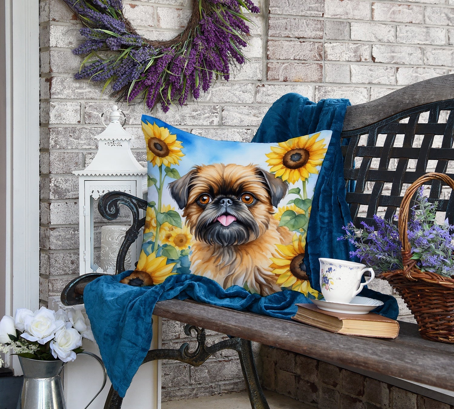 Brussels Griffon in Sunflowers Decorative Throw Pillow 18x18 Indoor Outdoor Accent Cushion, Fabric Cover with Insert for Sofa, Bed, Porch & Living Room