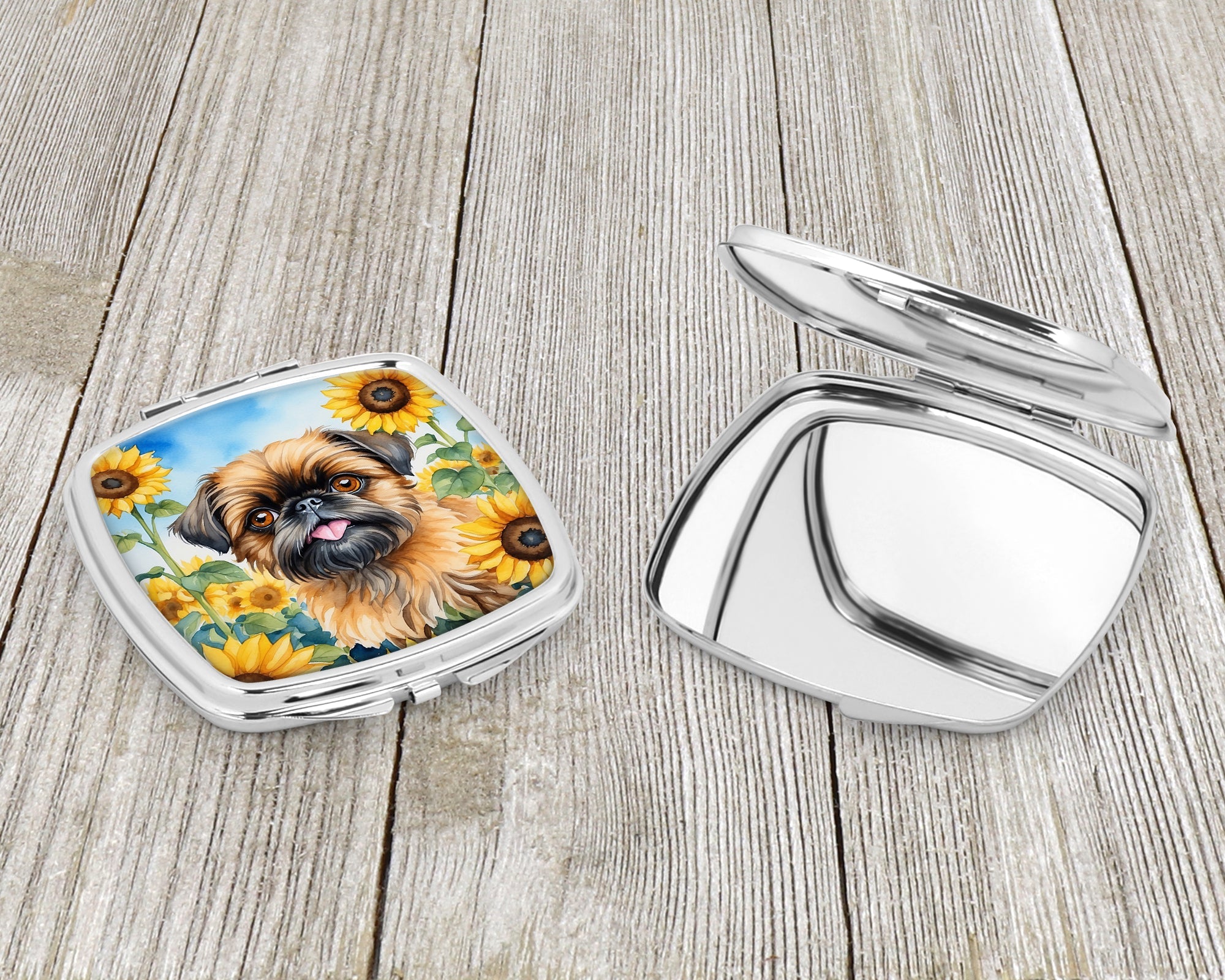 Brussels Griffon in Sunflowers Compact Mirror Decorative Travel Makeup Mirror for Women Girls Gifts Pocket Makeup Mirror Folding Handheld