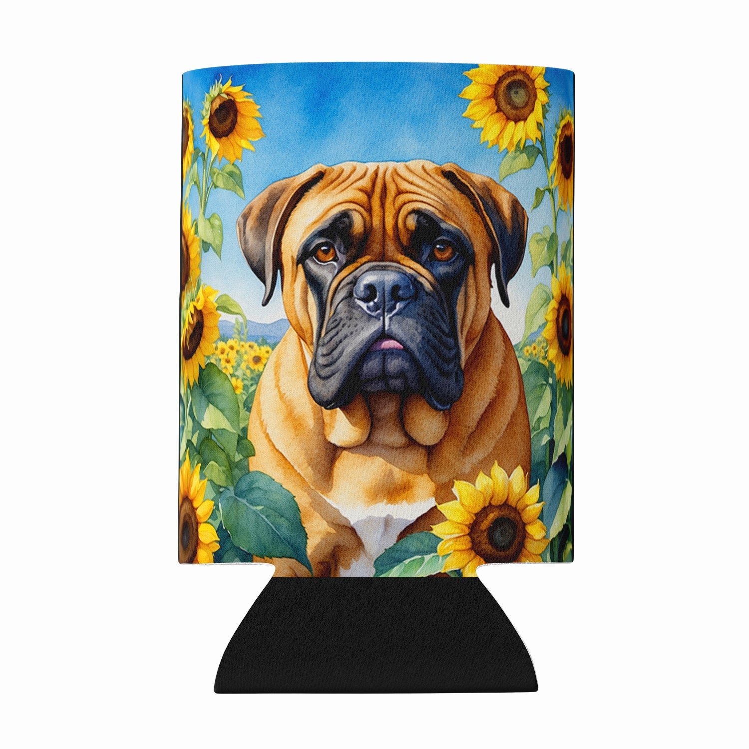 Bullmastiff in Sunflowers Can or Bottle Hugger Cooler Sleeve for Standard 12 oz Cans, Insulated Foam Beer & Soda Can Hugger Reusable