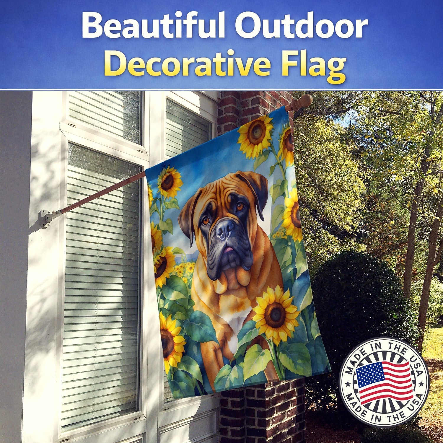 Bullmastiff in Sunflowers House Flag 28x40 Porch Sleeve Pole Decorative Outside Yard Banner Artwork Wall Hanging, Polyester