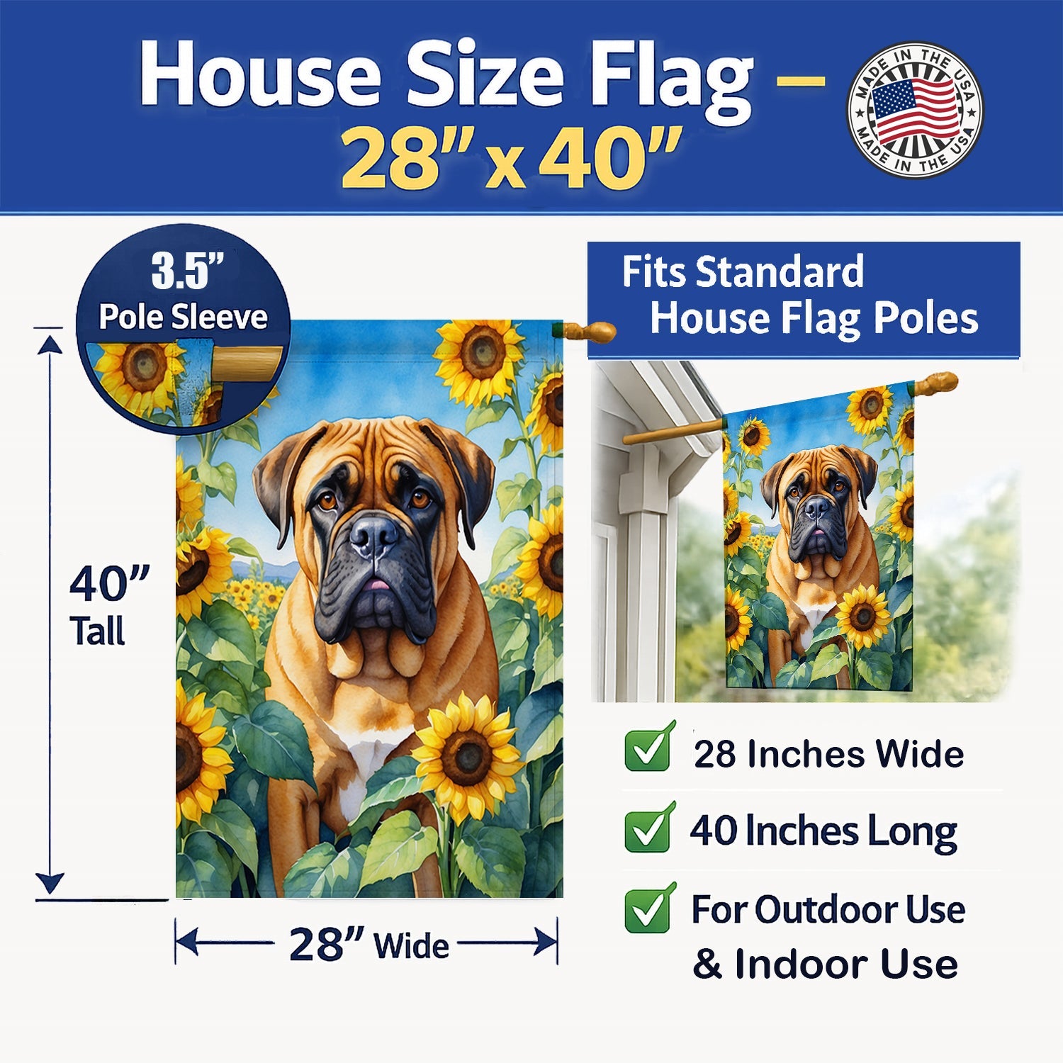 Bullmastiff in Sunflowers House Flag 28x40 Porch Sleeve Pole Decorative Outside Yard Banner Artwork Wall Hanging, Polyester