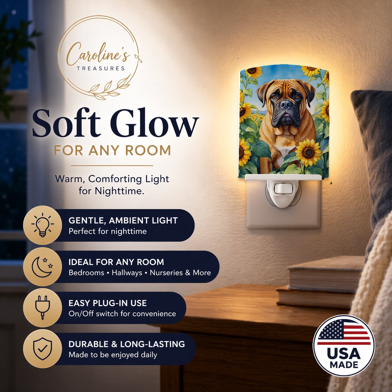 Bullmastiff in Sunflowers Ceramic Night Light Compact, UL-Certified, Ideal for Bedroom, Bathroom, Nursery, Hallway, Kitchen, 6x4x3, Multicolor