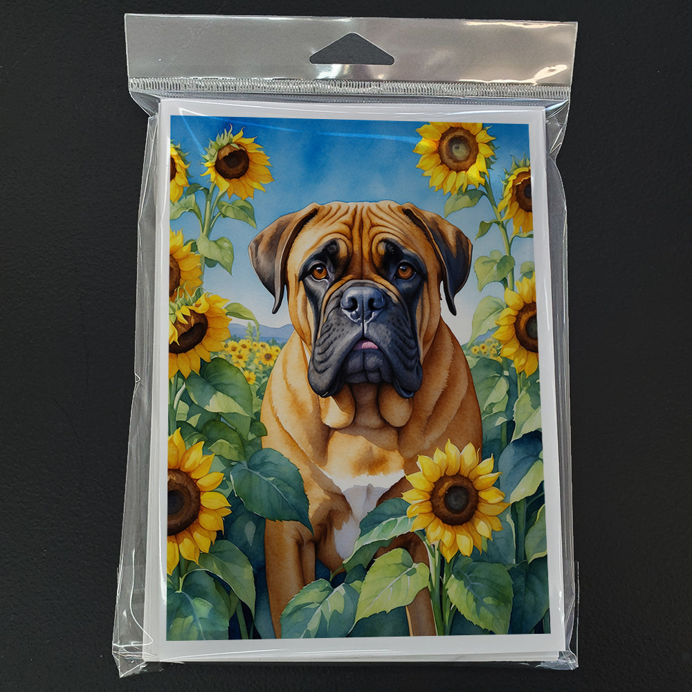 Bullmastiff in Sunflowers Greeting Cards Pack of 8 Blank Cards with Envelopes Whimsical A7 Size 5x7