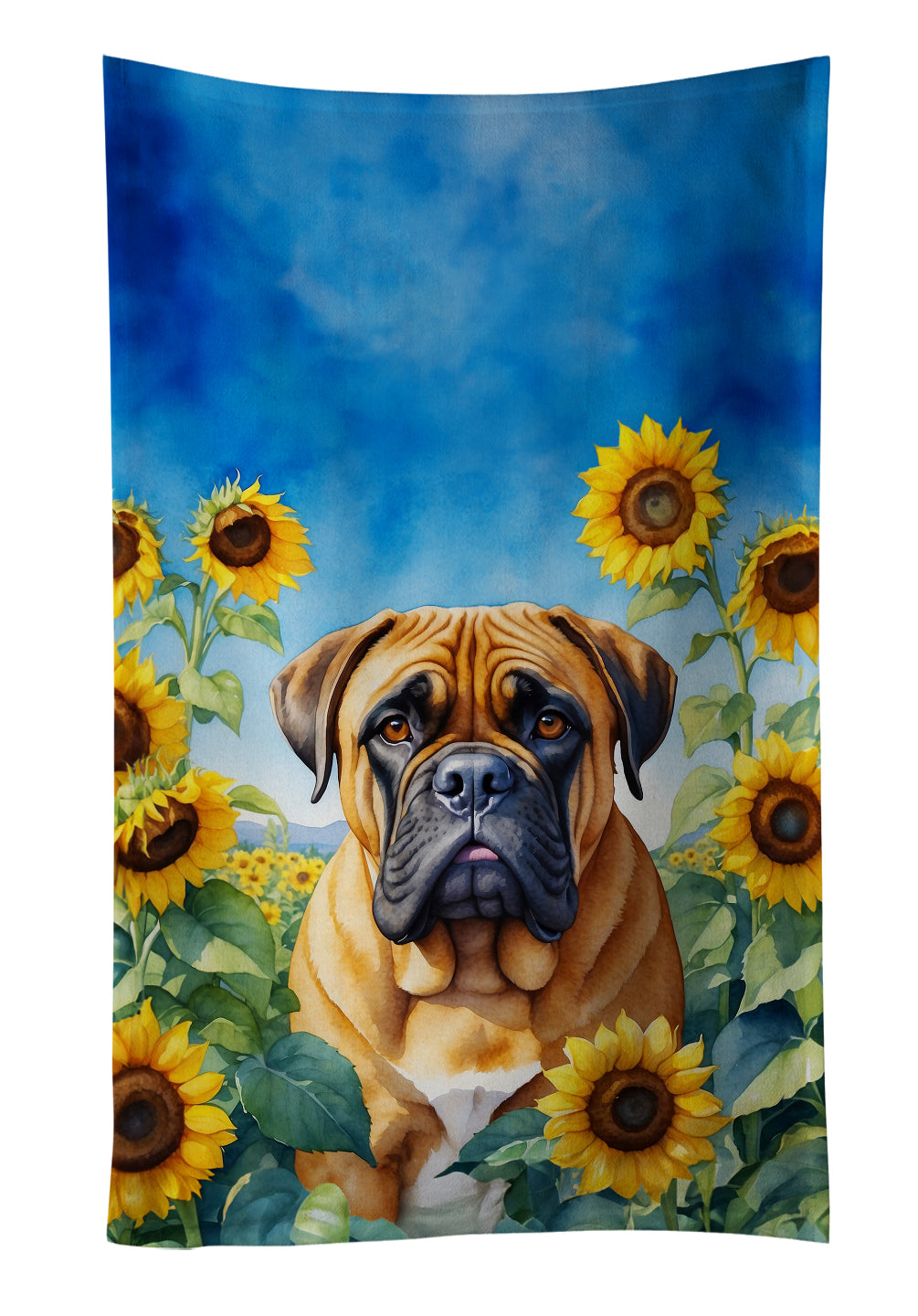 Bullmastiff in Sunflowers Kitchen Towel Velour Plush Front and Cotton Loop Back Machine Washable