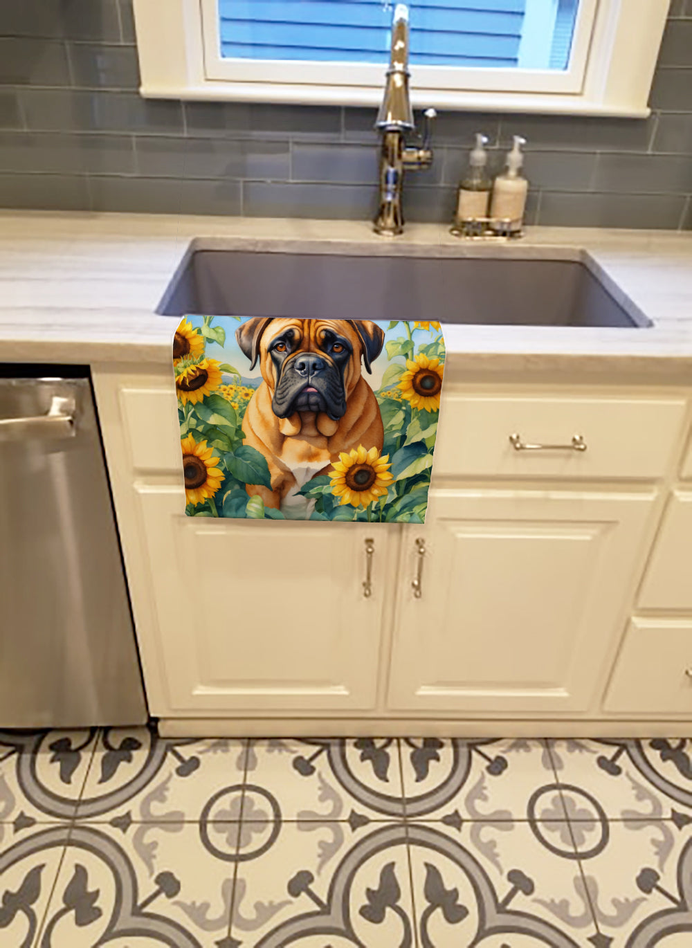 Bullmastiff in Sunflowers Kitchen Towel Velour Plush Front and Cotton Loop Back Machine Washable