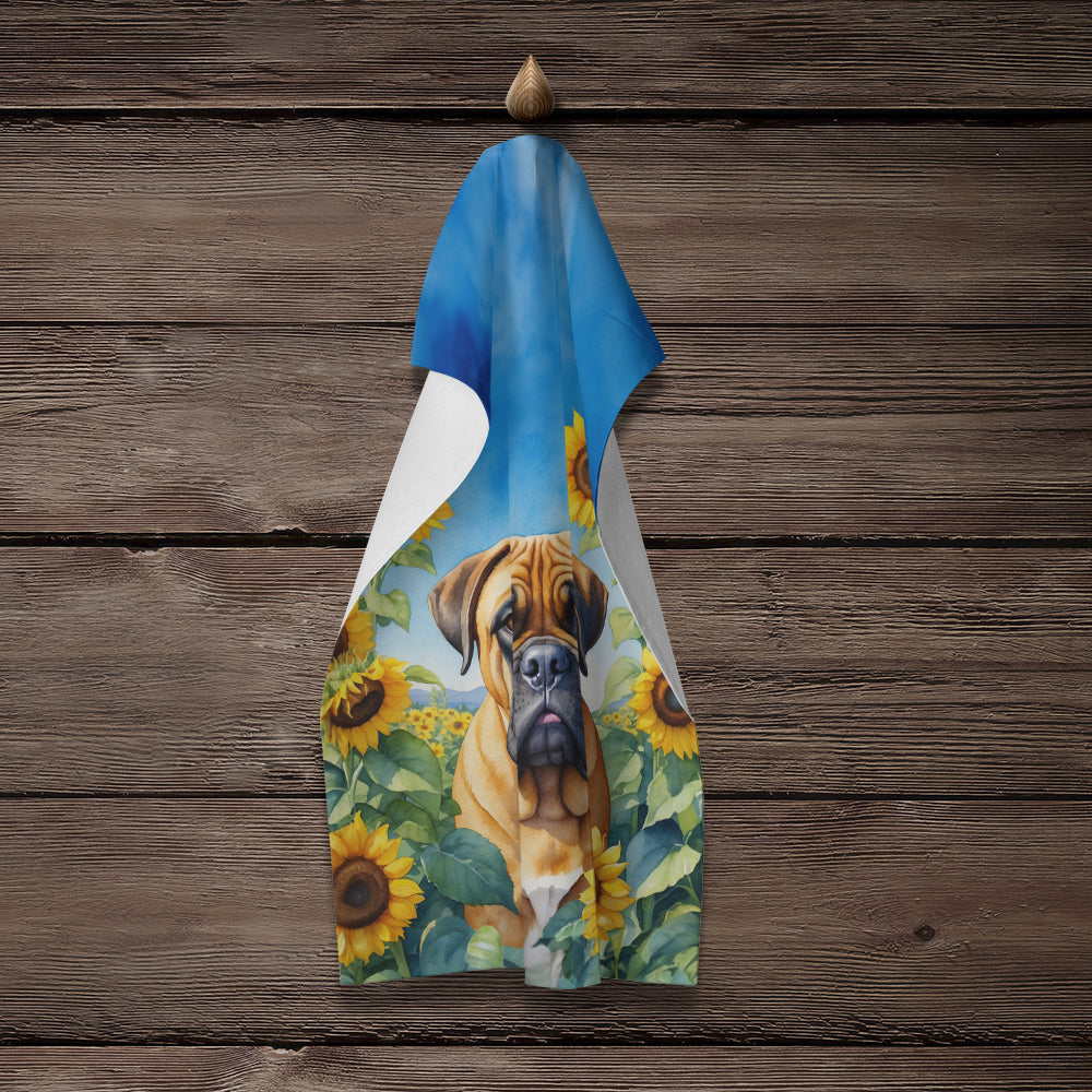 Bullmastiff in Sunflowers Kitchen Towel Velour Plush Front and Cotton Loop Back Machine Washable