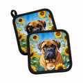 Bullmastiff in Sunflowers Pot Holder Set of 2 Heat Resistant Quilted Hot Pads 7.5 x 7.5 Inch, Insulated Kitchen Trivets for Cooking & Baking