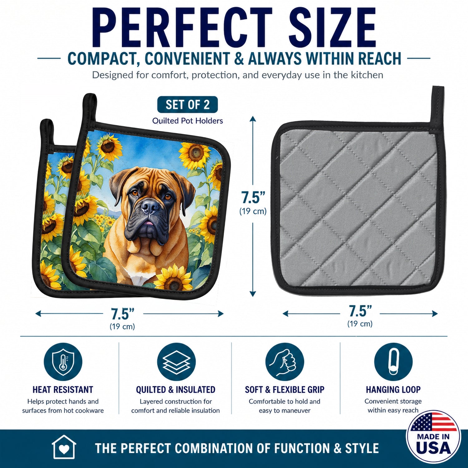 Bullmastiff in Sunflowers Pot Holder Set of 2 Heat Resistant Quilted Hot Pads 7.5 x 7.5 Inch, Insulated Kitchen Trivets for Cooking & Baking